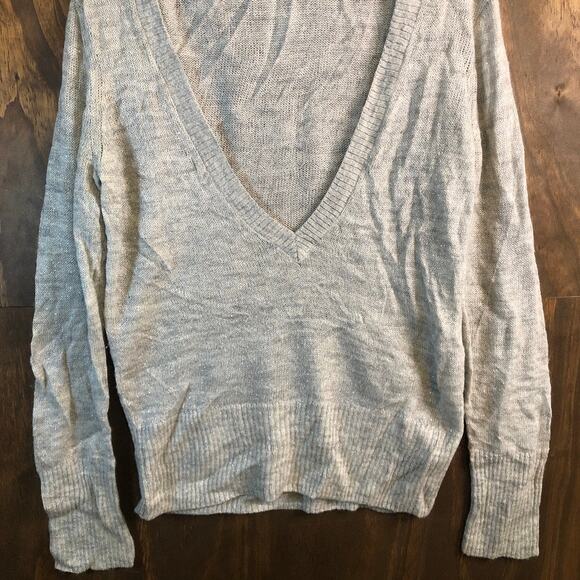 Express Womens Sweater Gray Metallic Thin Deep V Neck Merino Wool Blend Large - Picture 3 of 13